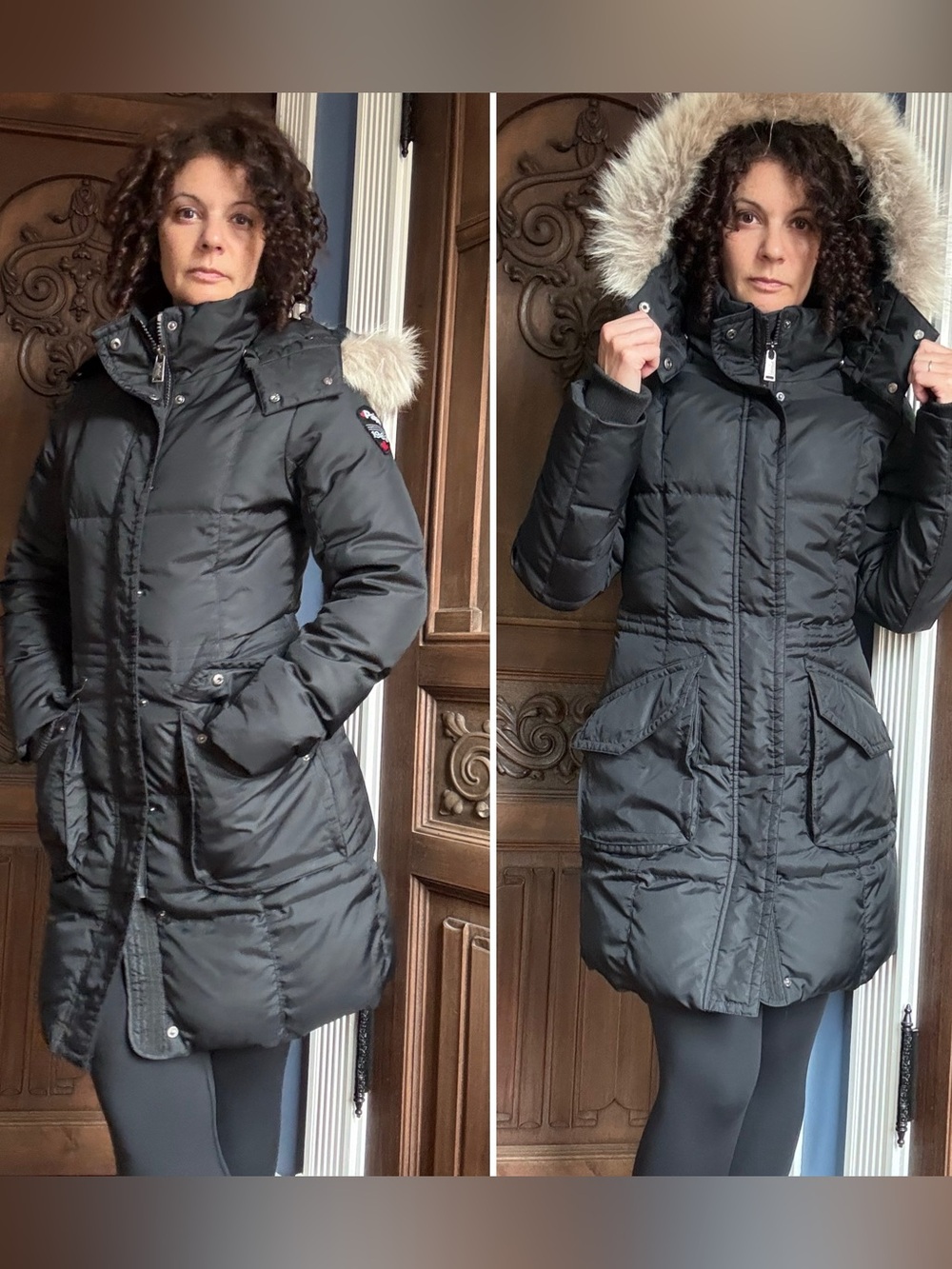 Pajar Black Long Women's Down Puffer Coat with Coyote Fur Hood